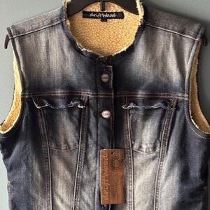 NWT Driftwood Blue Denim Fleece Lined Button Down Jean Jacket Vest Women’s XL